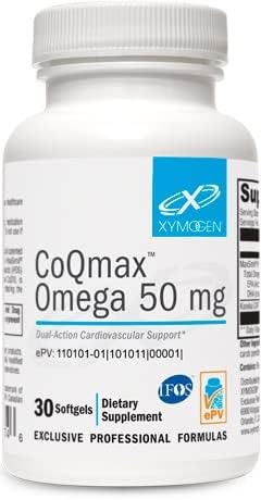 XYMOGEN CoQmax Omega bottle displaying 50 mg CoQ10 and omega-3 blend for heart support.