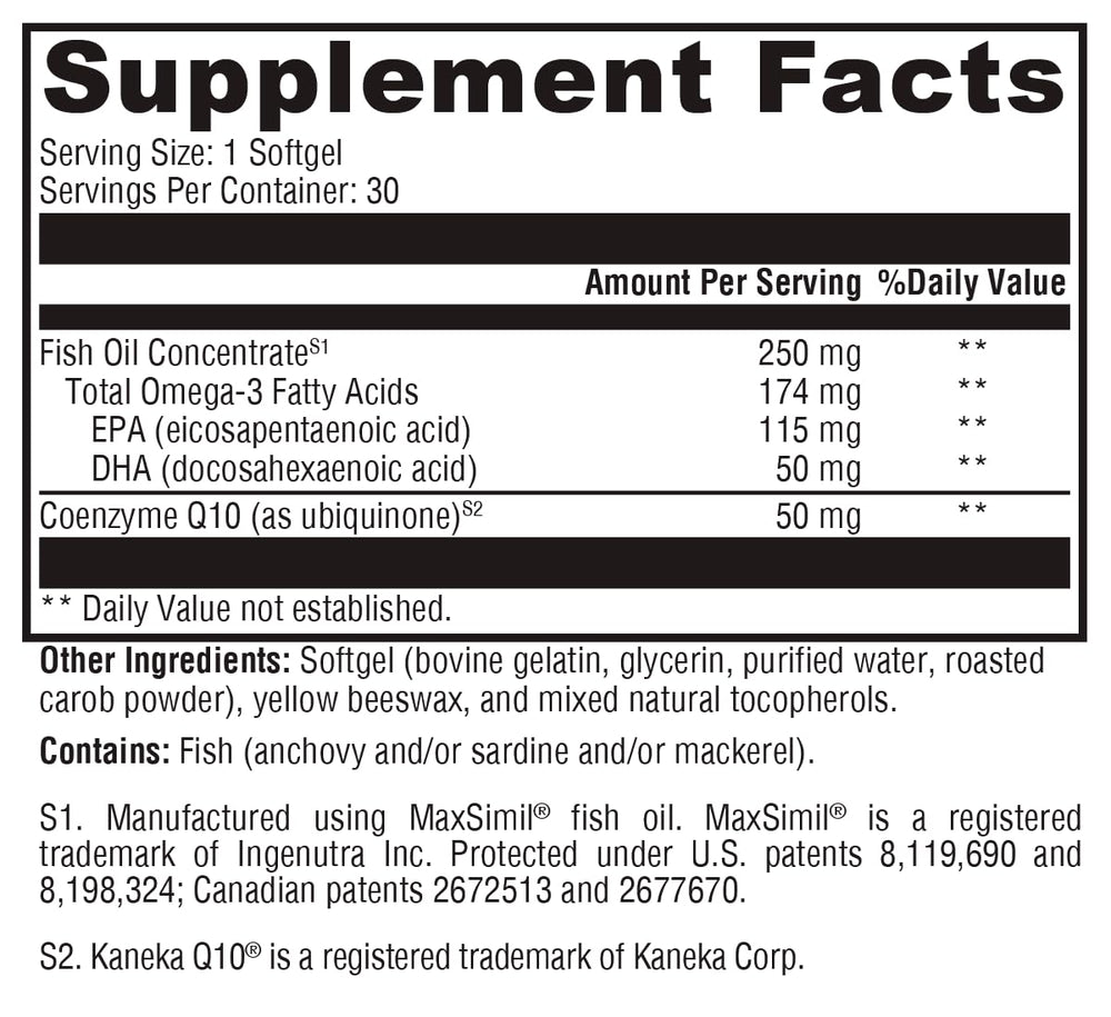 Closeup of CoQmax Omega softgels highlighting high-absorption EPA and DHA delivery.