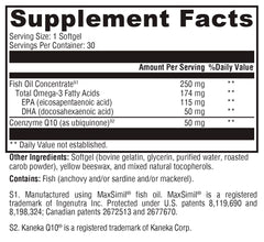 Closeup of CoQmax Omega softgels highlighting high-absorption EPA and DHA delivery.