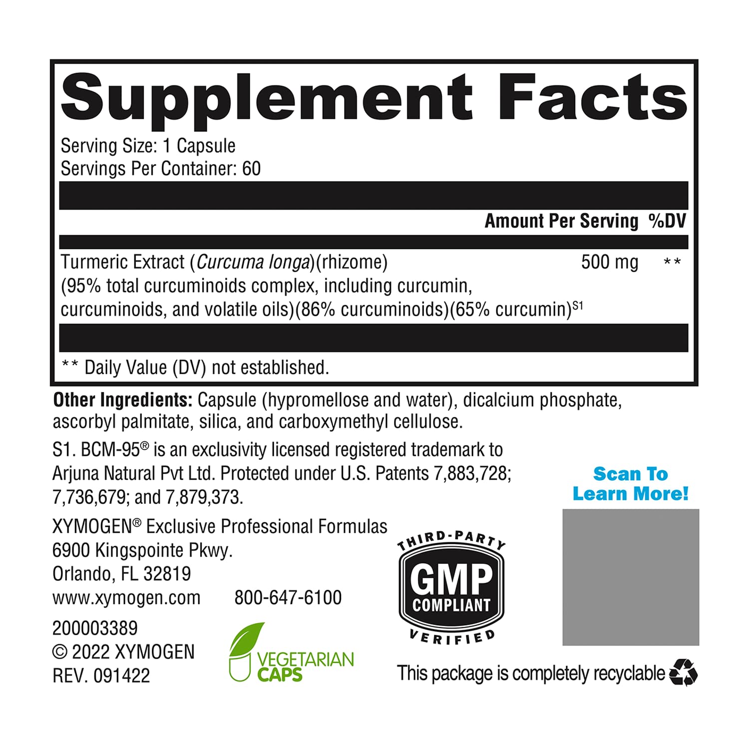 XYMOGEN CurcuPlex-95 label ingredients detailing BCM-95 formula.