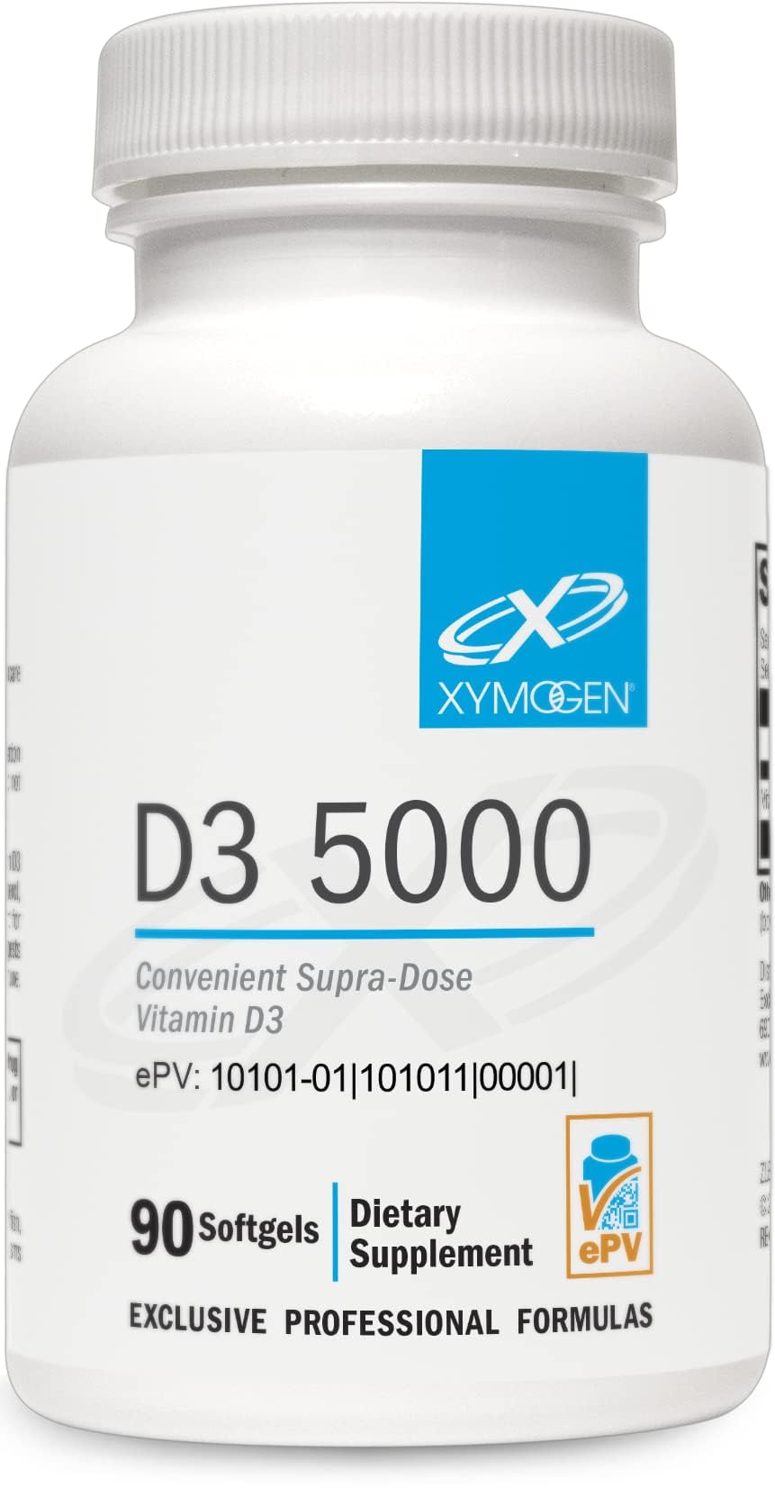 XYMOGEN D3 5000 softgel bottle close-up for daily vitamin D intake