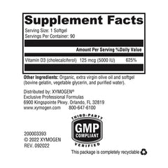 XYMOGEN D3 5000 softgels visible inside bottle for easy daily intake