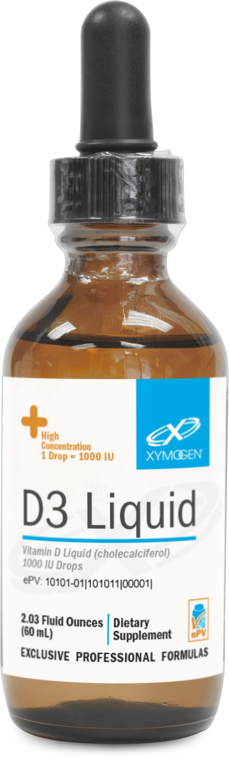 XYMOGEN D3 Liquid bottle and dropper for easy daily immune support