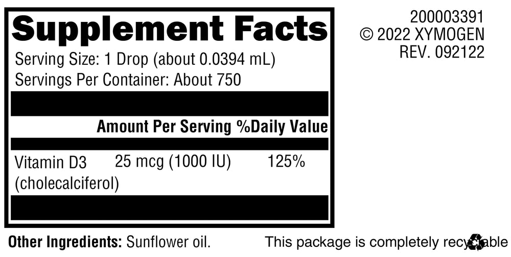 XYMOGEN D3 Liquid bottle label shows 1000 IU per drop for precise dosing.