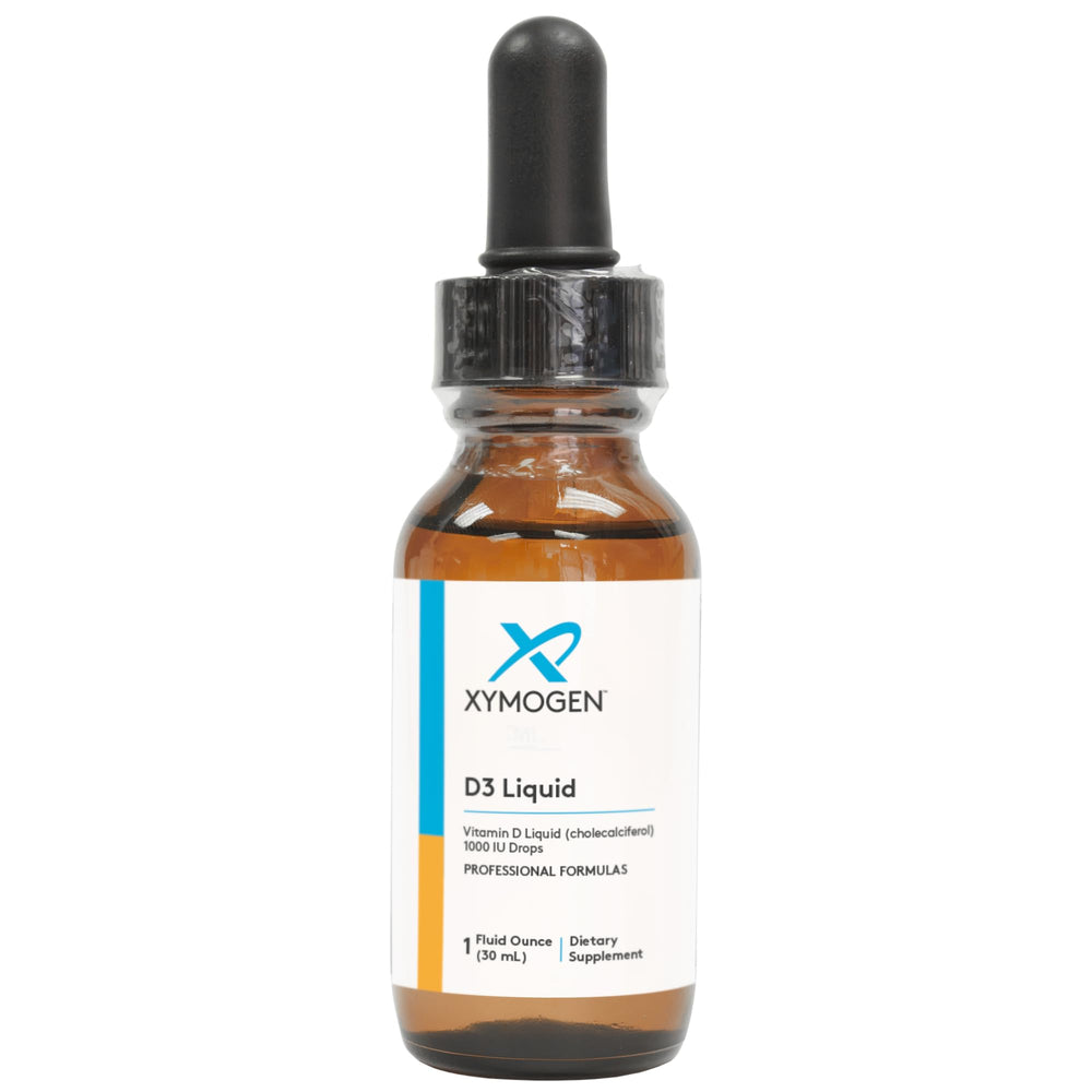 XYMOGEN D3 Liquid bottle being poured for daily immune and bone health support.