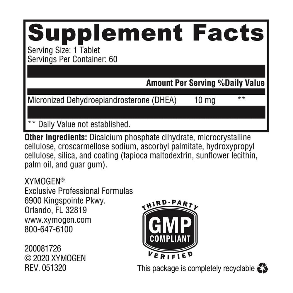XYMOGEN DHEA 10 mg nutrition facts panel shows allergen-free formulation