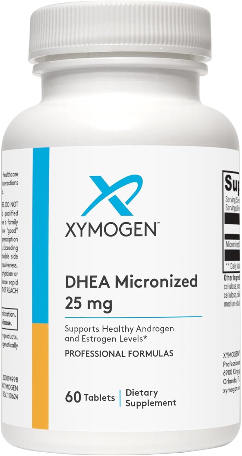XYMOGEN DHEA 25 mg tablet bottle front view showing compact supplement for hormone balance.