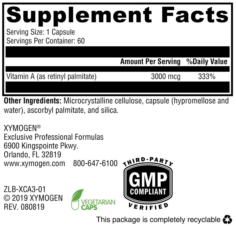 XYMOGEN Xcellent A 3000 nutrition facts panel on bottle