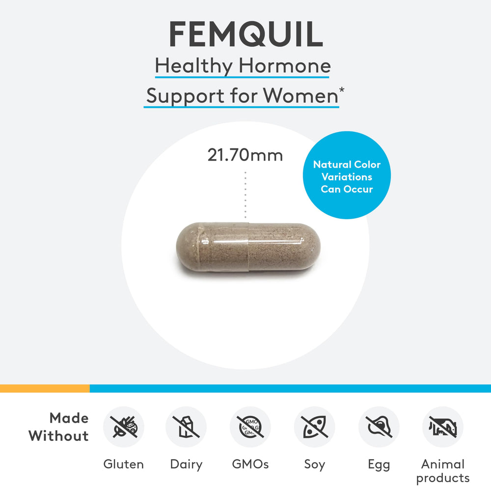 XYMOGEN Femquil capsules closeup highlighting easy daily dosing.