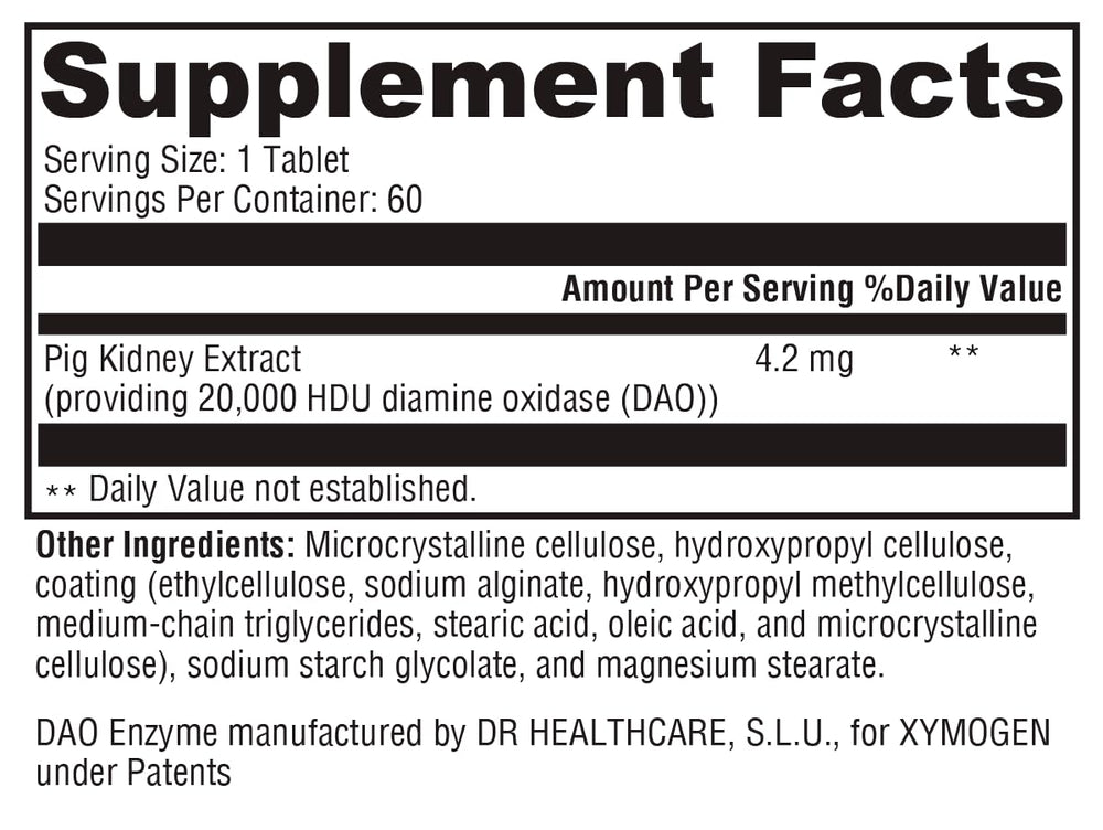 XYMOGEN HistDAO bottle-open shot highlighting easy one-tablet serving