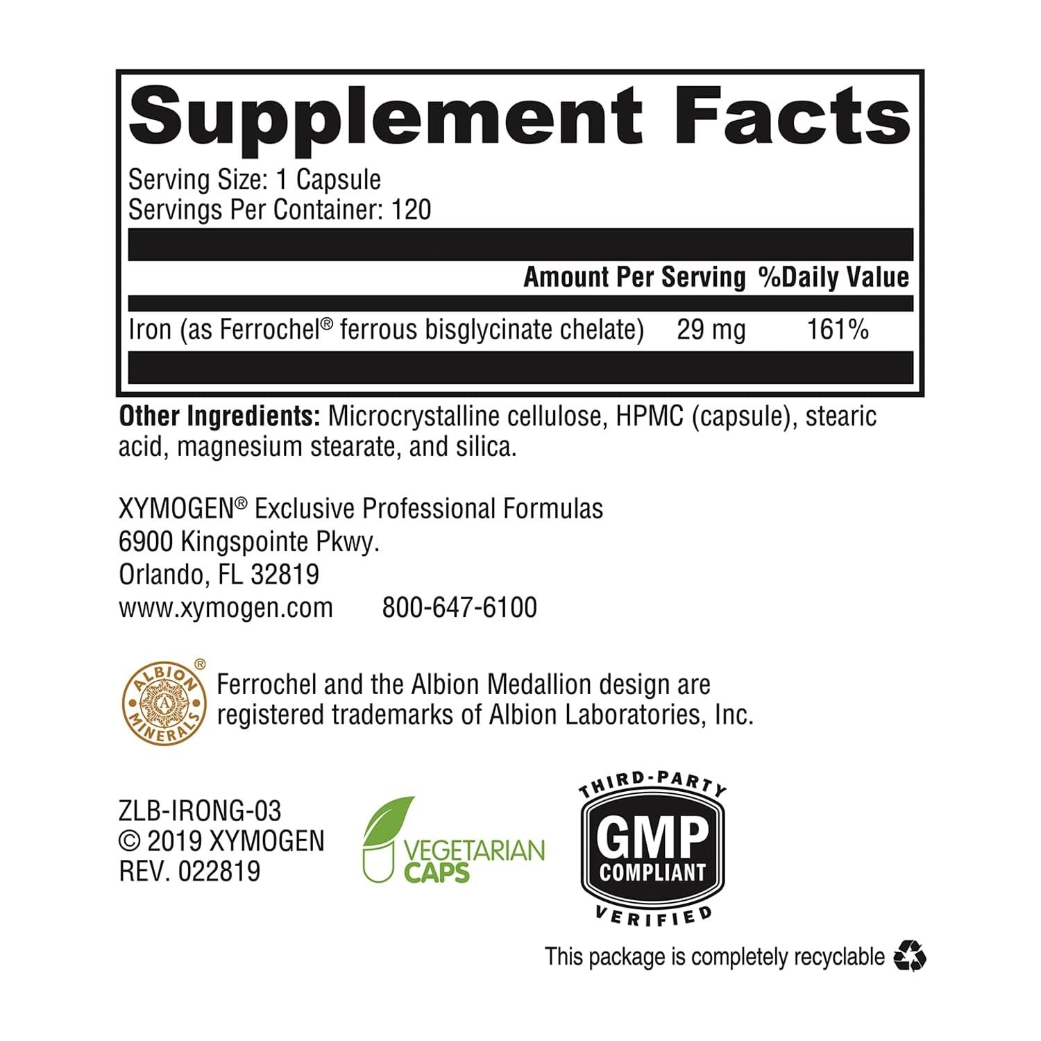XYMOGEN iron bisglycinate pills close-up highlighting gentle digestion potential