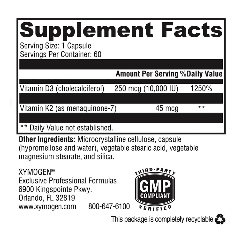 XYMOGEN K2-D3 10000 capsules closeup emphasizes easy daily intake.