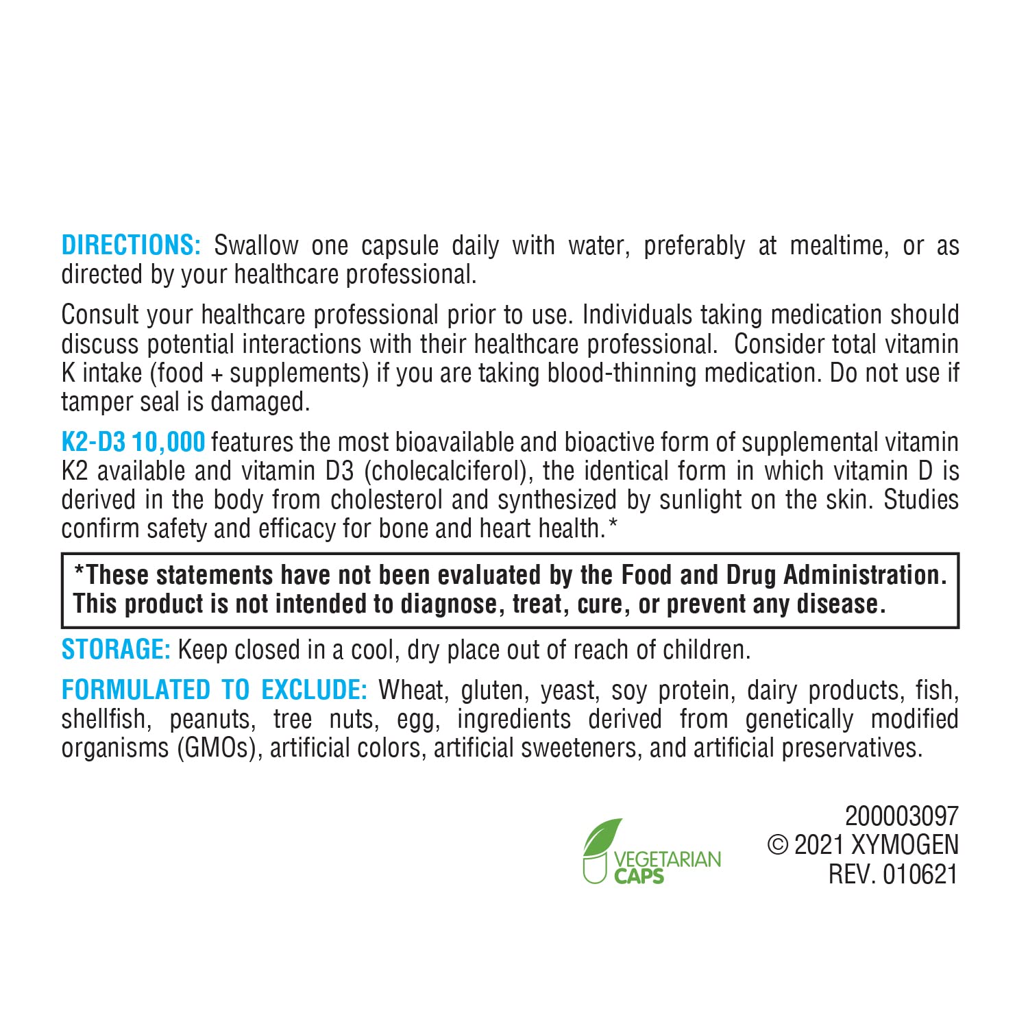 Nutrition facts panel on XYMOGEN K2-D3 10000 bottle