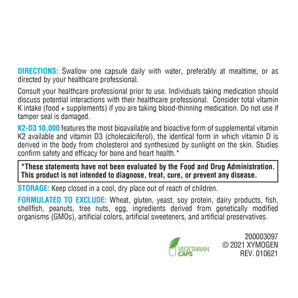 Nutrition facts panel on XYMOGEN K2-D3 10000 bottle