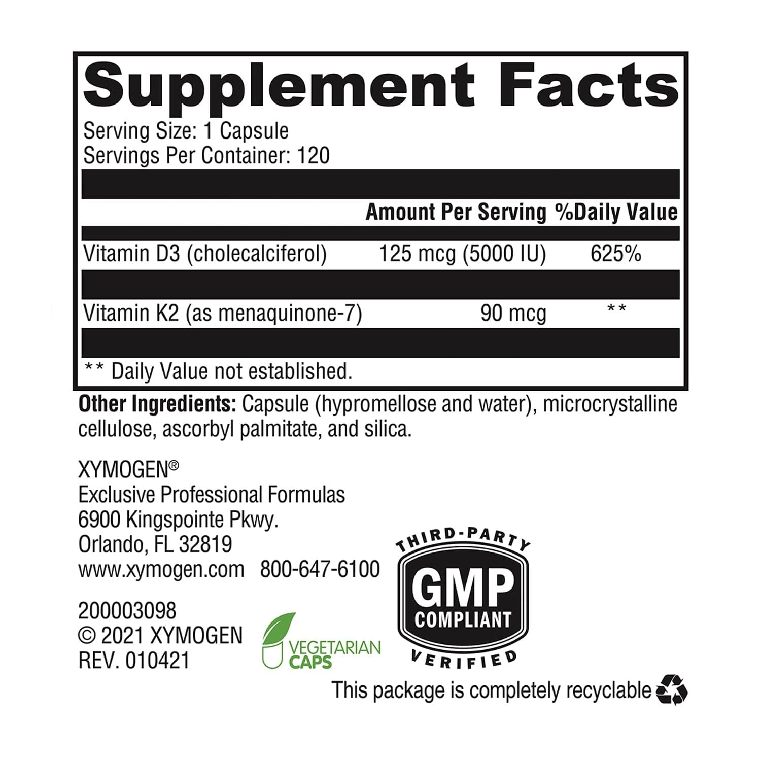 Xymogen K2-D3 5000 bottle label; premium vitamin D3 MK-7 blend for daily wellness.