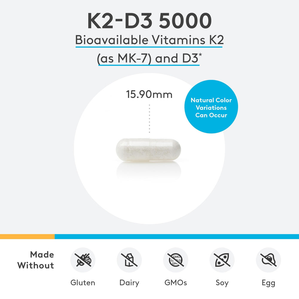 Xymogen K2-D3 5000 capsules closeup; easy-to-swallow capsules for everyday vitamin D integration.