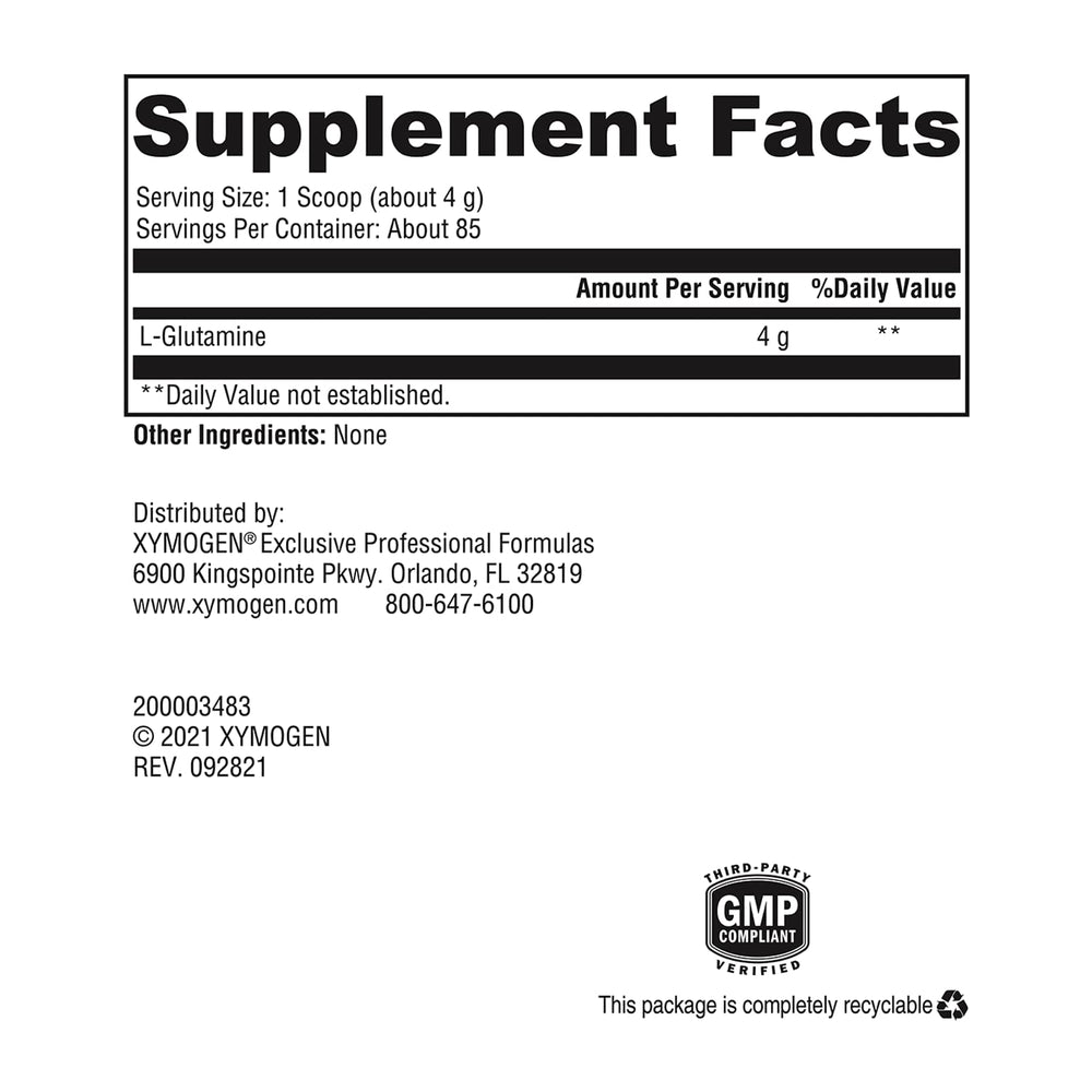 XYMOGEN L-Glutamine powder container open for easy access