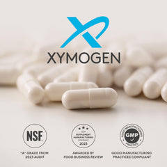 XYMOGEN L-Glutamine powder label closeup highlighting allergen-free ingredients