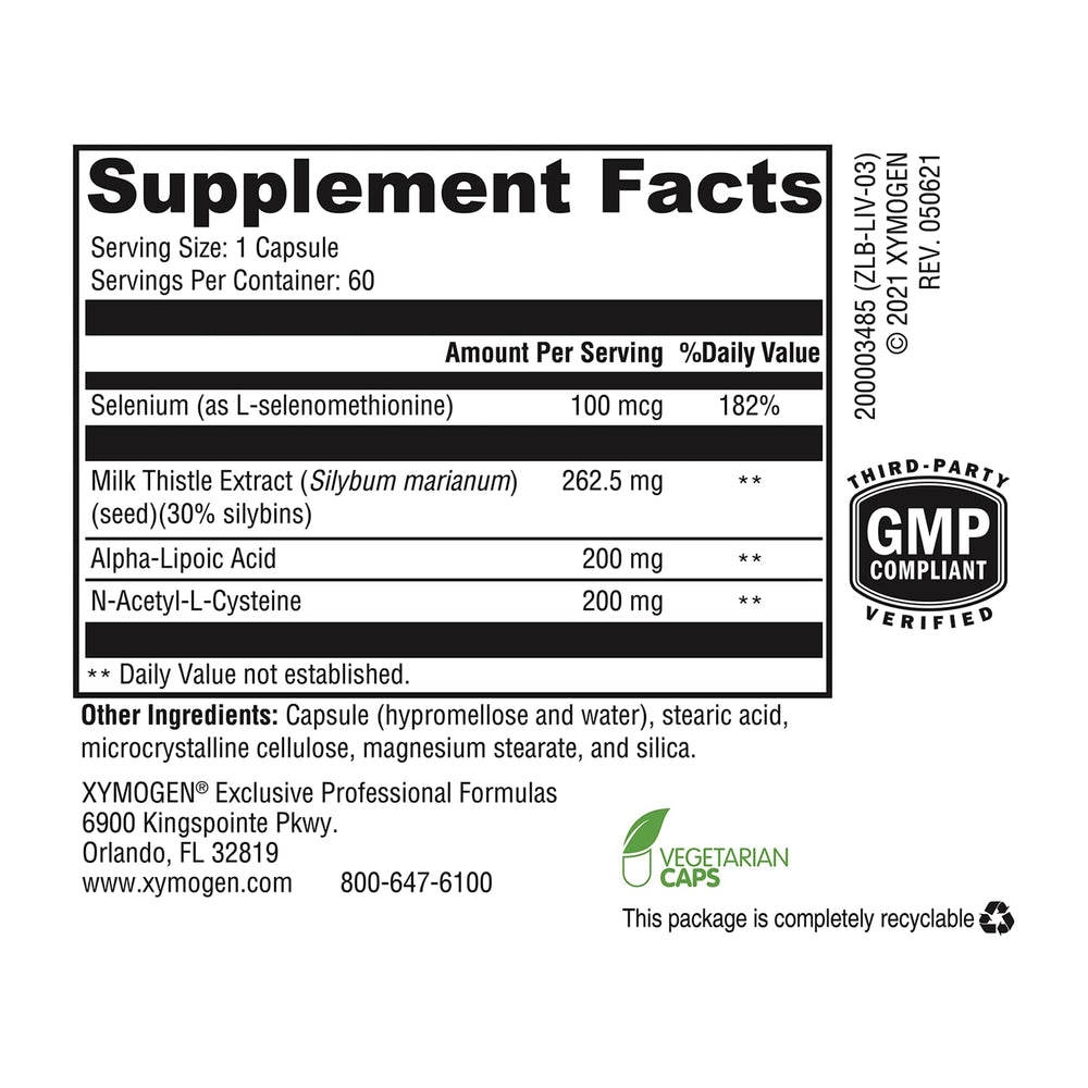 XYMOGEN Liver Protect selenium content highlighted with L-selenomethionine.