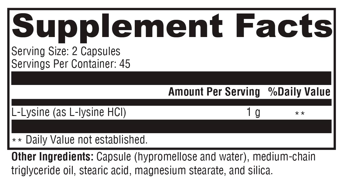 Nutrition label of XYMOGEN L-Lysine 1000mg bottle for daily amino acid intake