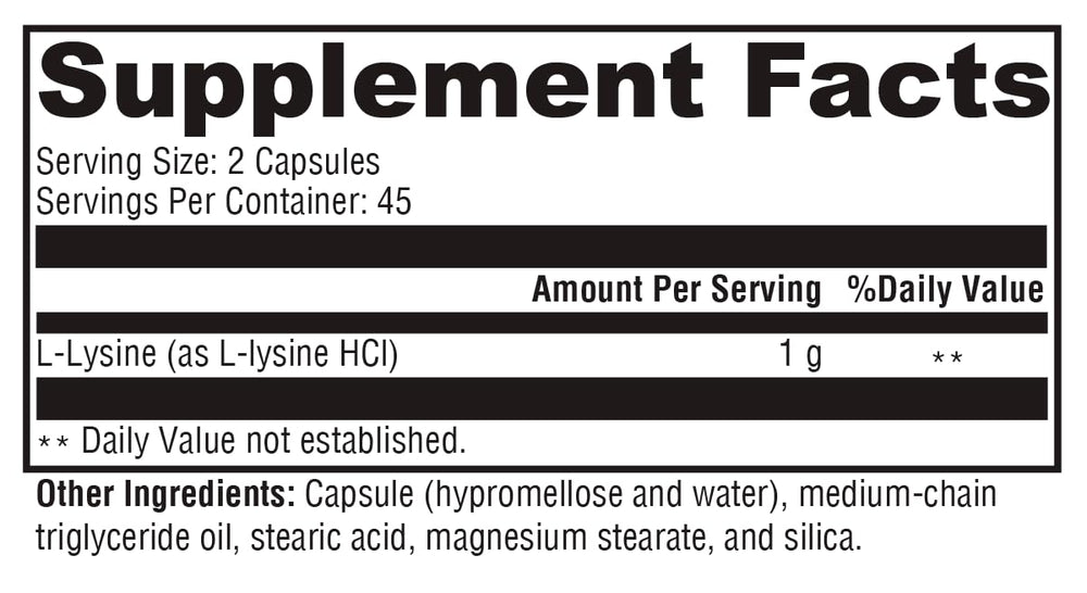 Nutrition label of XYMOGEN L-Lysine 1000mg bottle for daily amino acid intake