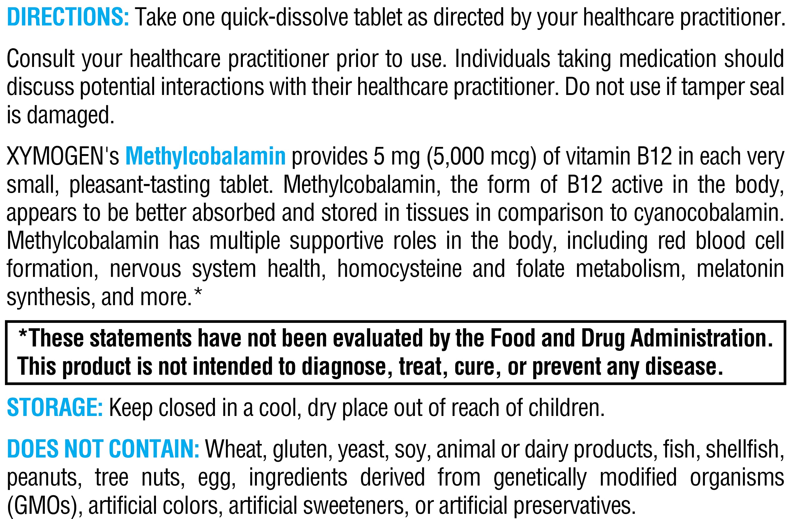 XYMOGEN Methylcobalamin label details emphasizing clean formulation