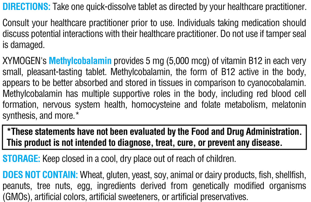 XYMOGEN Methylcobalamin label details emphasizing clean formulation