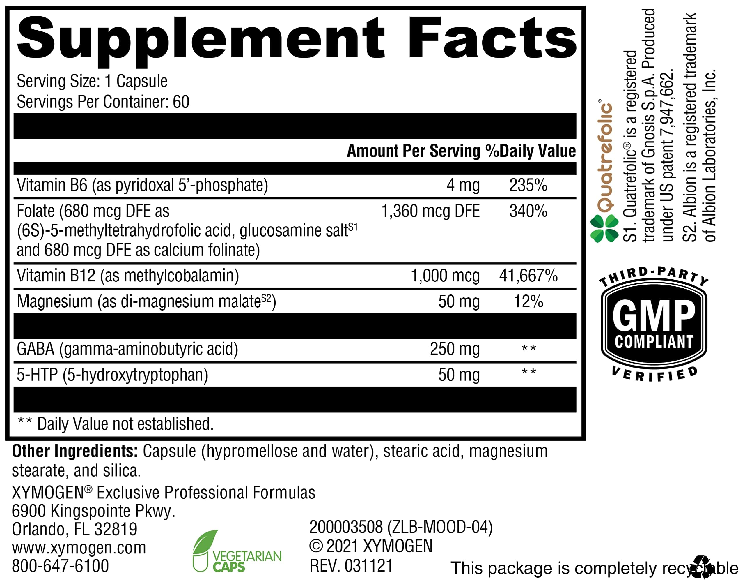 XYMOGEN Mood Food bottle back with ingredient highlights