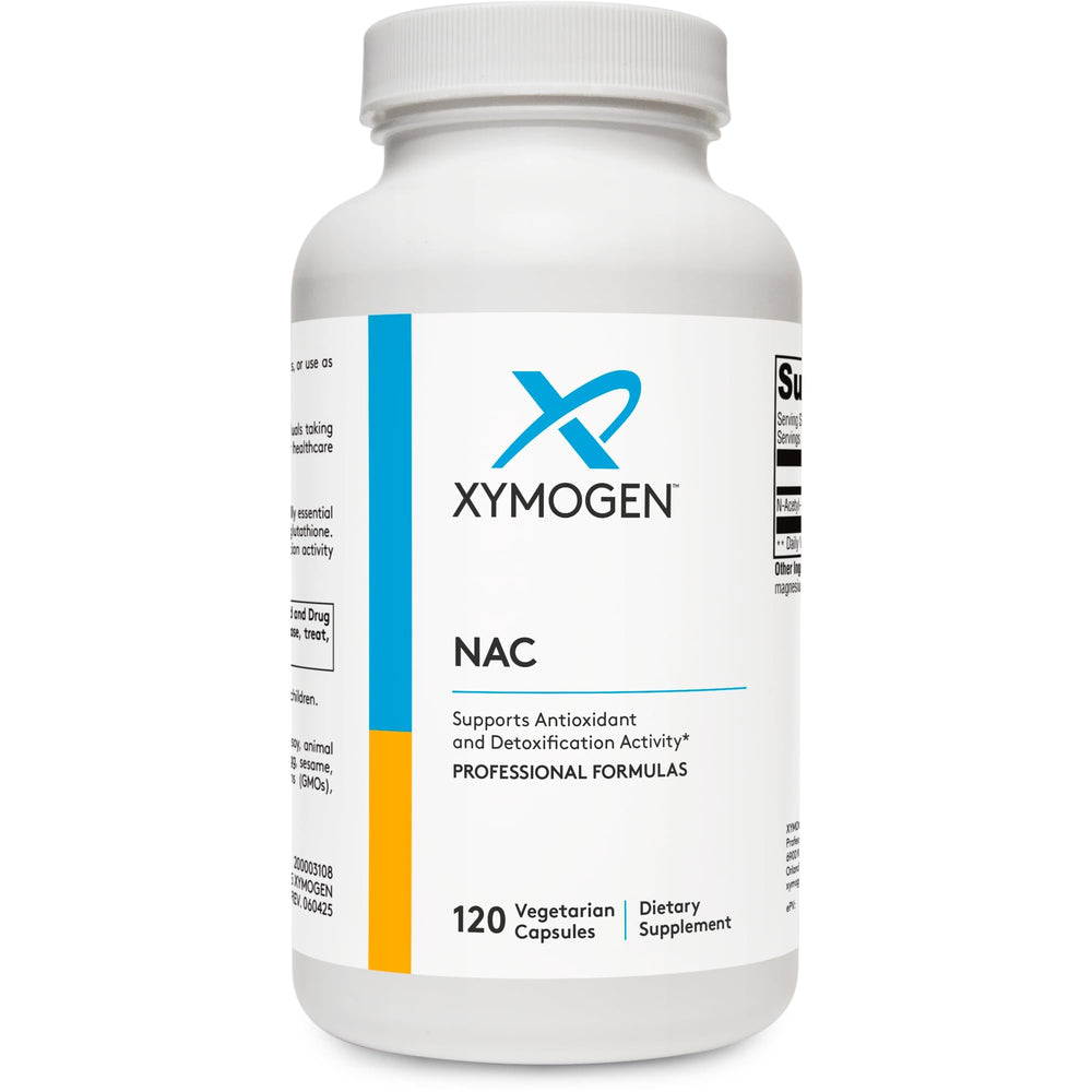 Xymogen NAC 600mg bottle on a shelf for convenient antioxidant support.