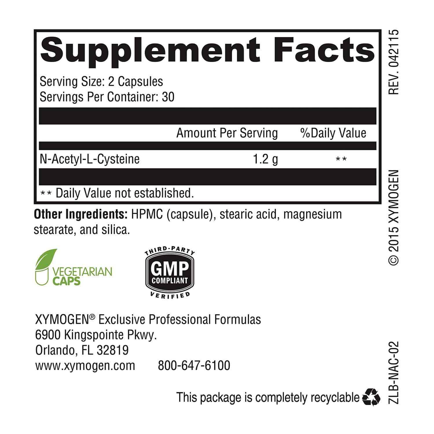 XYMOGEN NAC 600mg capsules close-up showing 600 mg per capsule