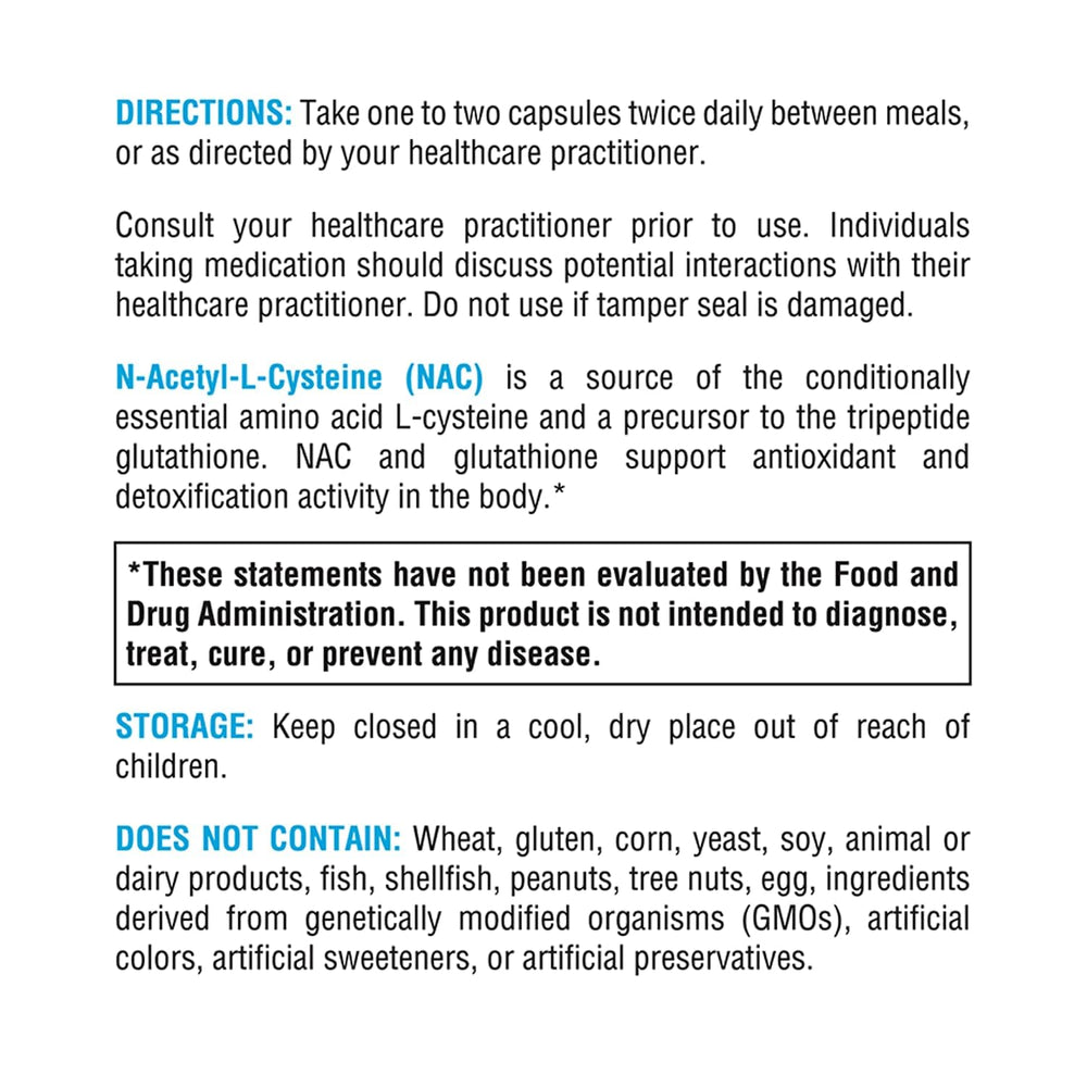 Xymogen NAC nutrition facts back to help plan daily intake.