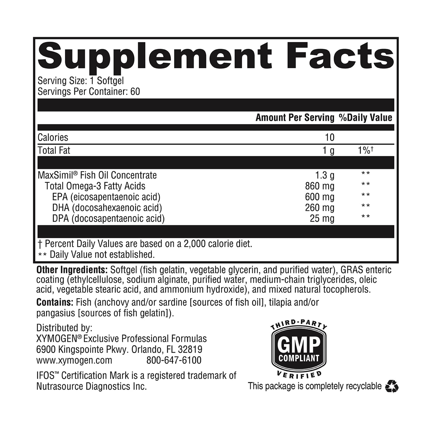 XYMOGEN Omega MonoPure 1300 EC certification icons signaling trusted quality and enhanced absorption.
