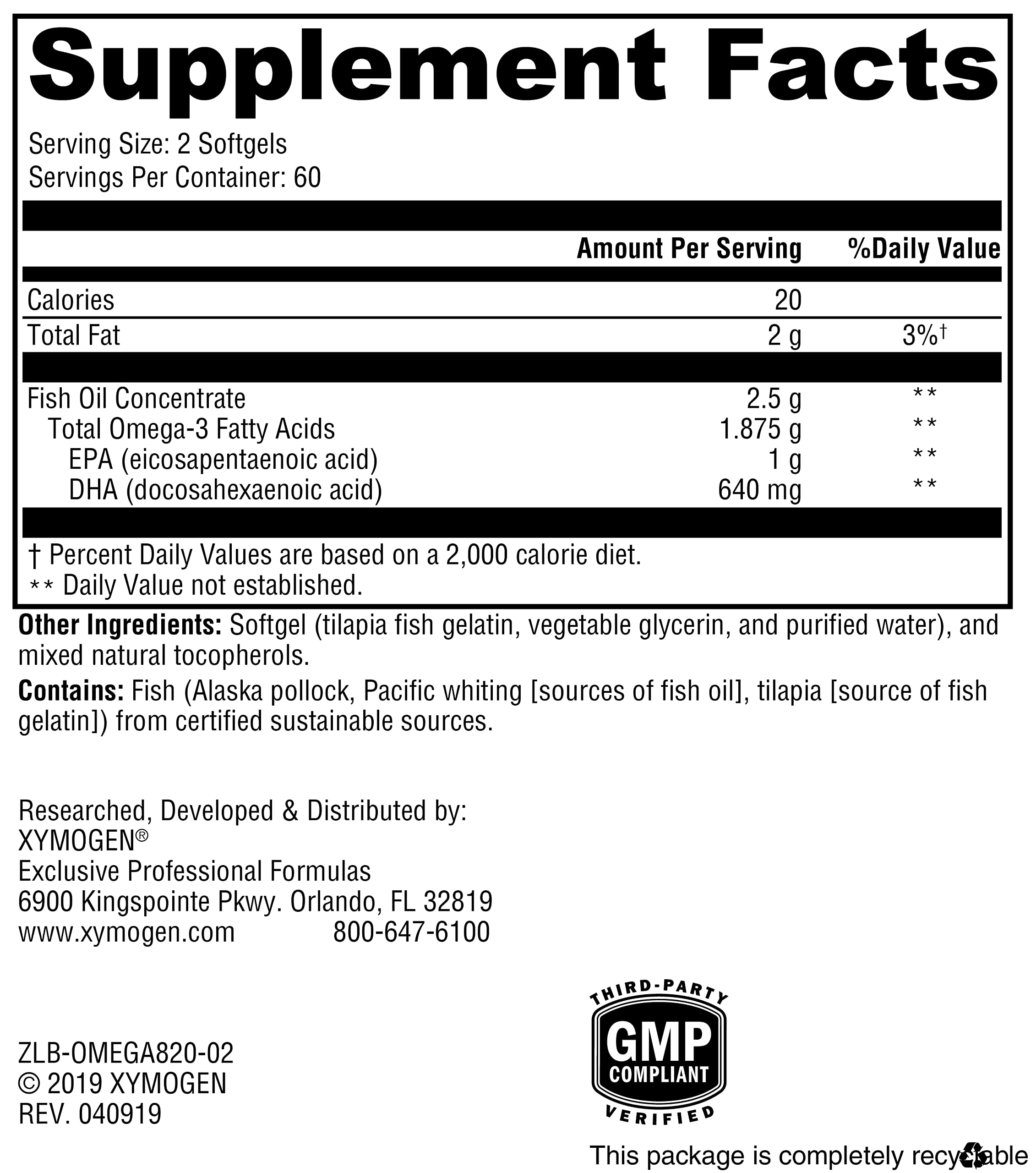 Nutrition facts panel of XYMOGEN OmegaPure 820 with clean ingredients