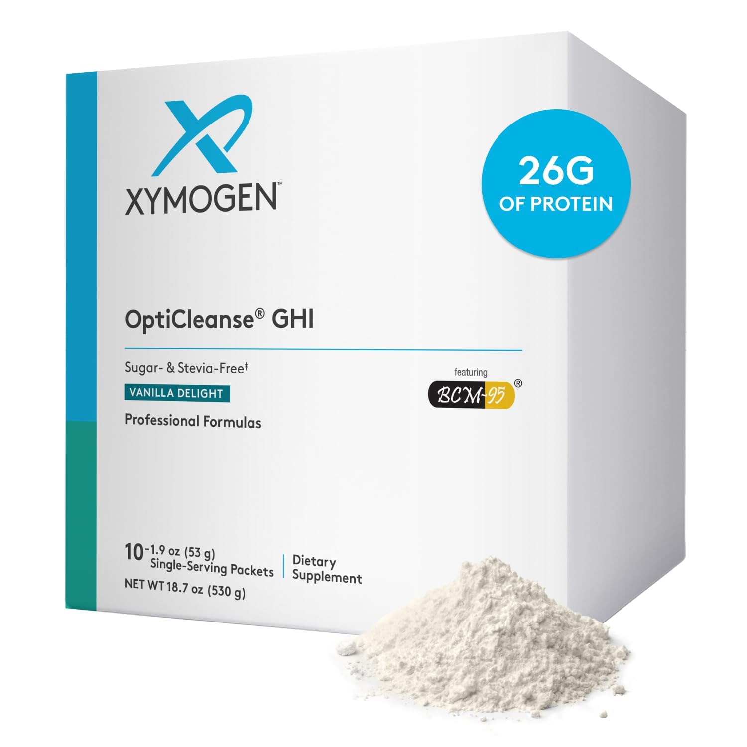 XYMOGEN OptiCleanse Vanilla Delight bottle shows vegan protein for digestive balance.