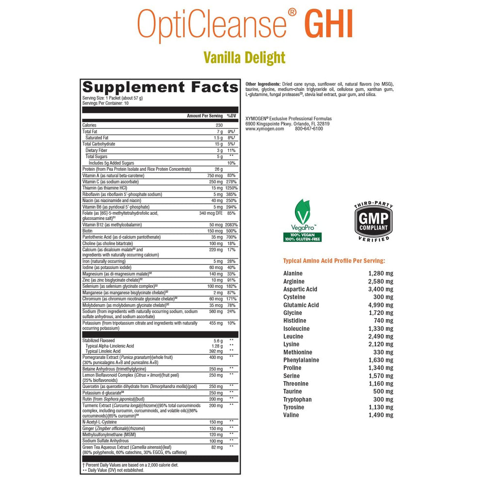 XYMOGEN OptiCleanse Vanilla Delight tub displays plant-based powder and gut-friendly blend.