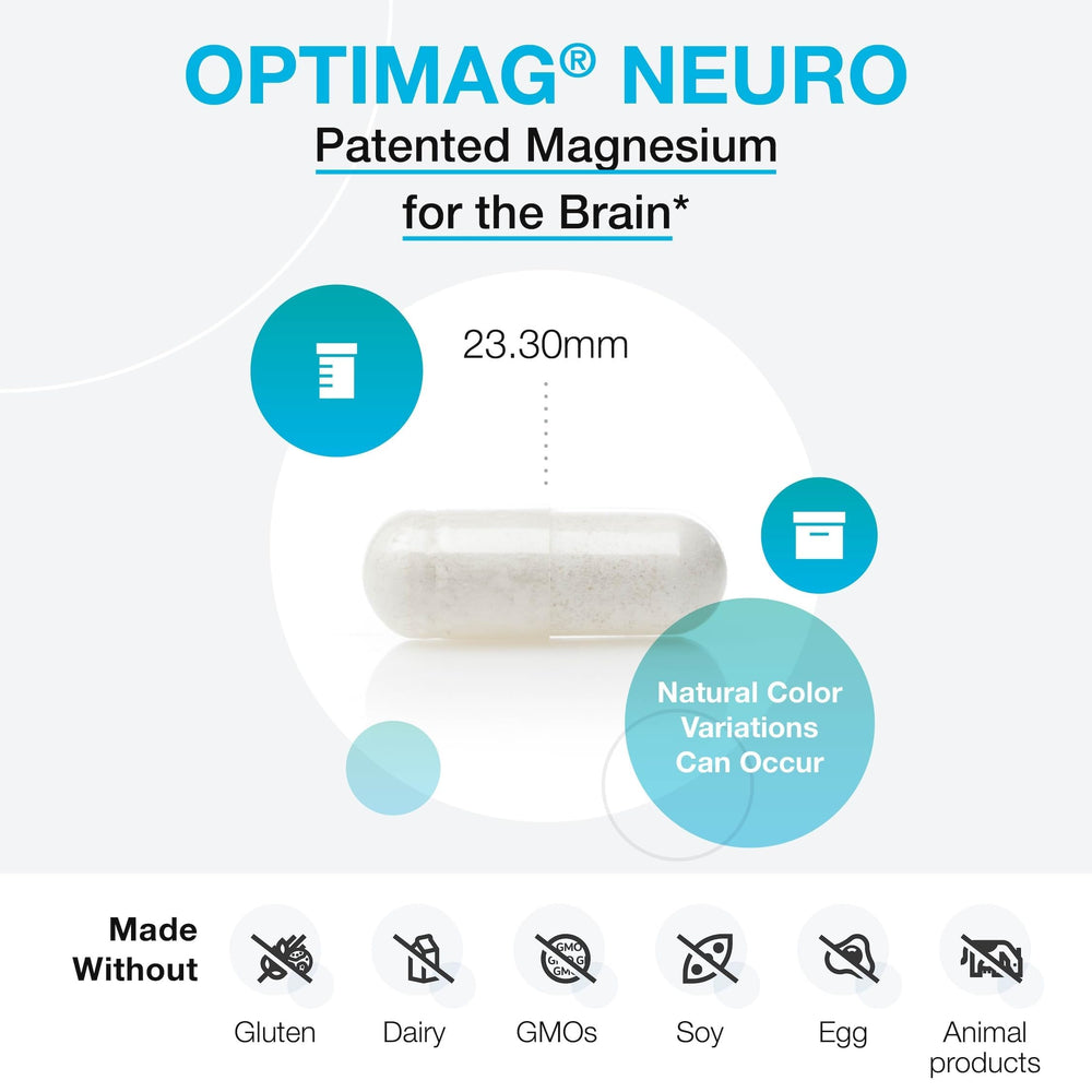 XYMOGEN OptiMag Neuro ingredients list highlights Magtein and chelated magnesium for absorption.