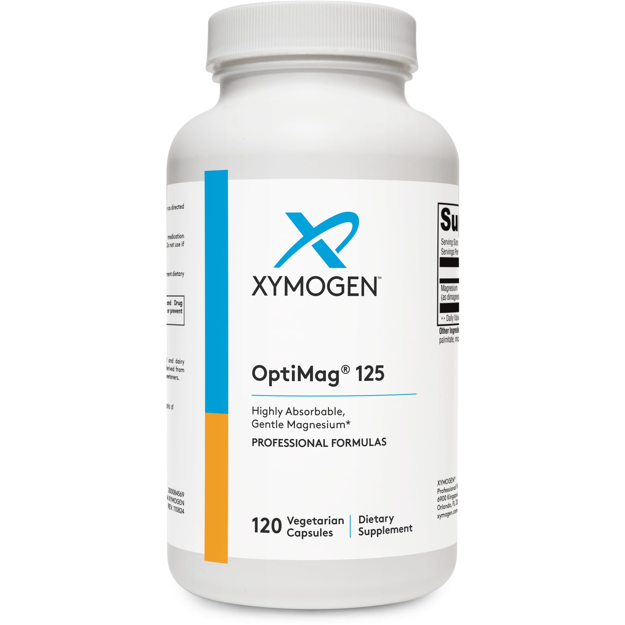 XYMOGEN OptiMag125 bottle front view signaling high-absorption magnesium support.