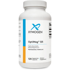 XYMOGEN OptiMag125 bottle front view signaling high-absorption magnesium support.