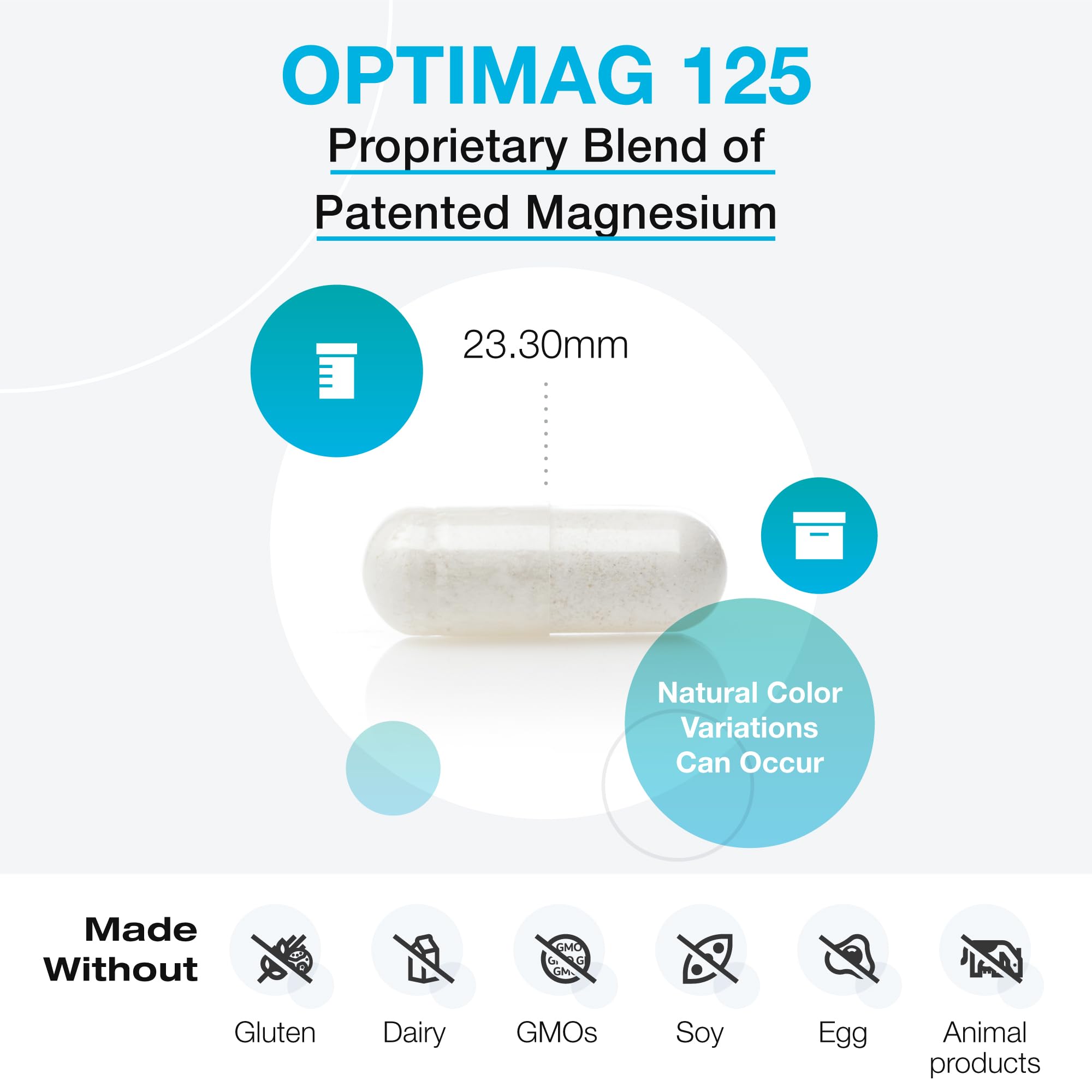 XYMOGEN OptiMag125 capsules closeup shows chelated minerals for improved absorption.