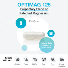 XYMOGEN OptiMag125 capsules closeup shows chelated minerals for improved absorption.