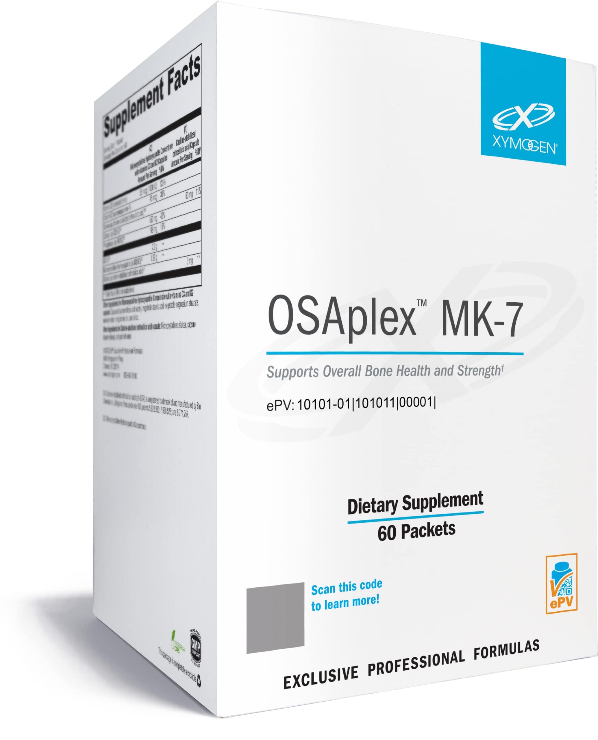 XYMOGEN OSAplex MK-7 packets displayed for daily bone health support.