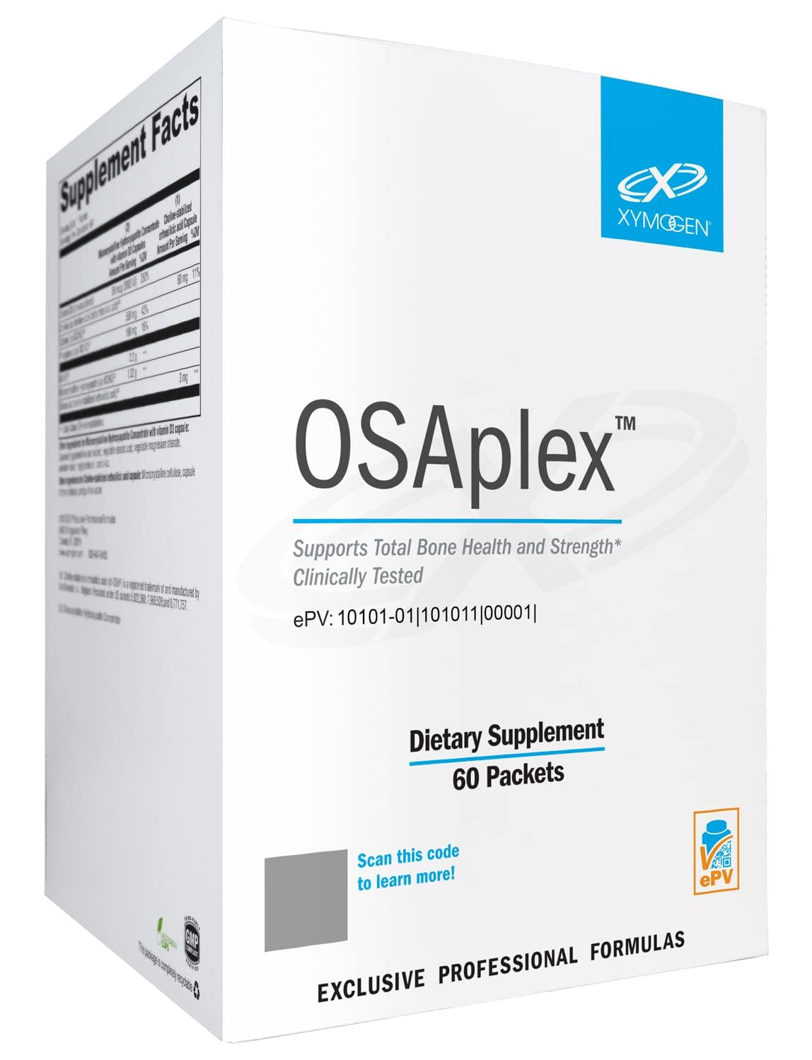 XYMOGEN OSAplex packets close-up showing two-chamber dosing for bone support