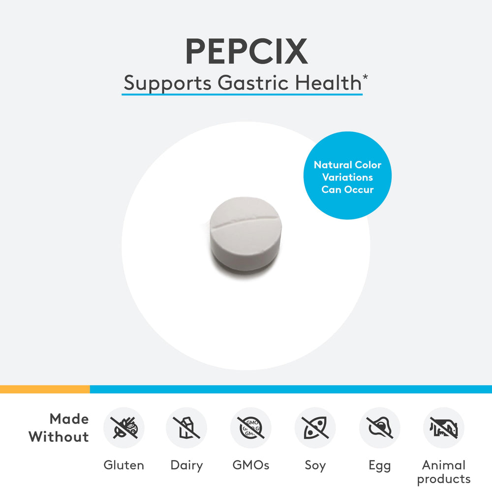 XYMOGEN PepciX bottle label close-up emphasizing zinc L-carnosine blend for digestive wellness.