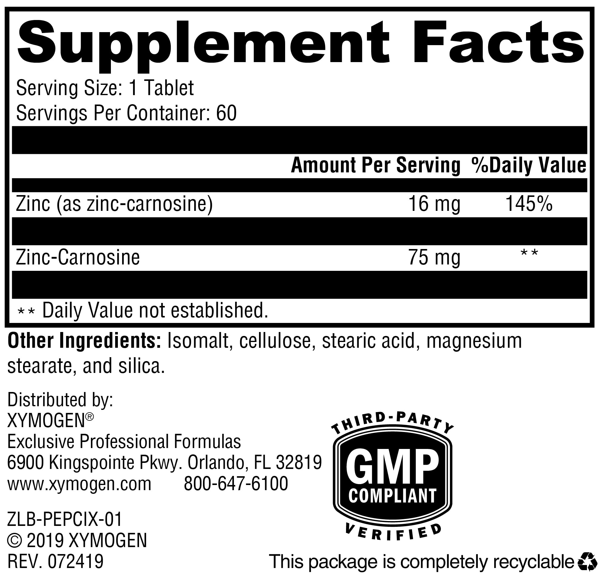 XYMOGEN PepciX ingredients graphic illustrating zinc L-carnosine components.