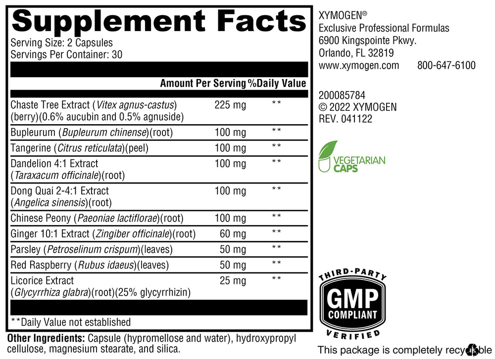 XYMOGEN PMS Soothe bottle back with ingredient list and vegan notes.