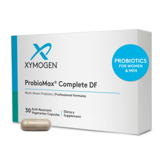 XYMOGEN ProbioMax Daily 100B bottle showcases dairy-free probiotic support for daily gut balance.