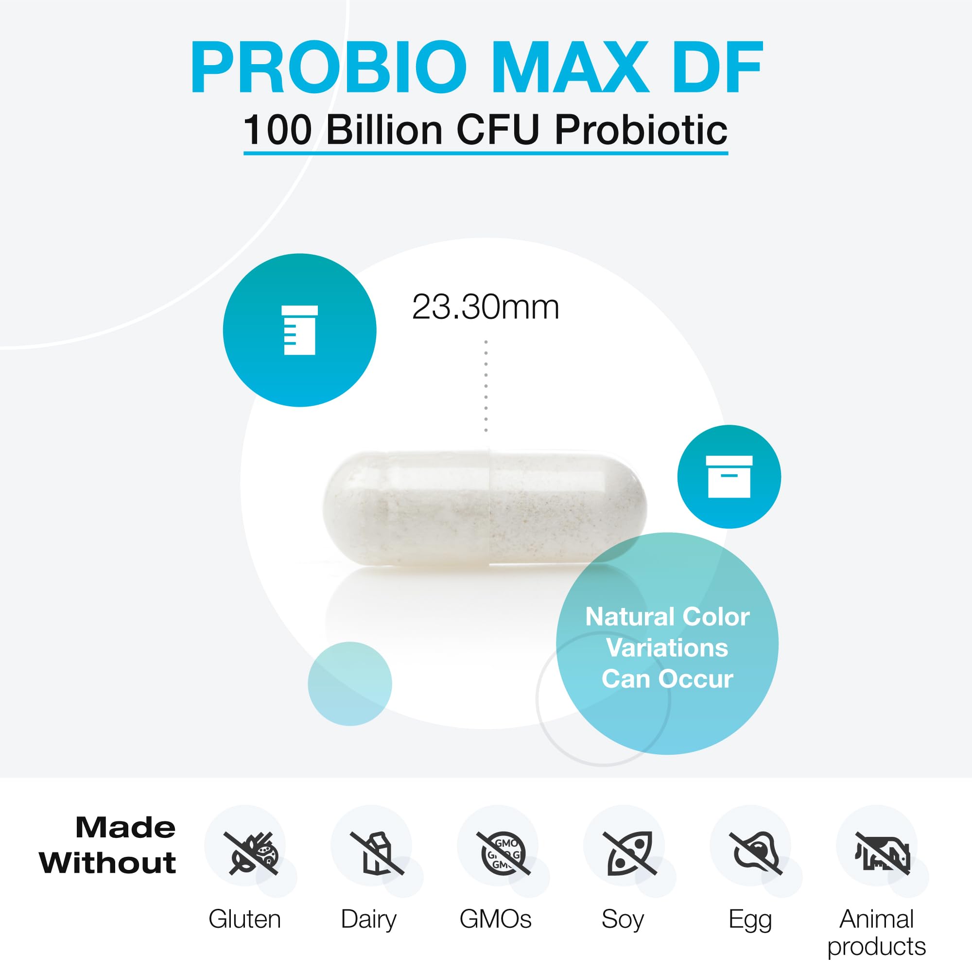ProbioMax Daily 100B capsules close-up highlight DRcaps and acid-resistant design.