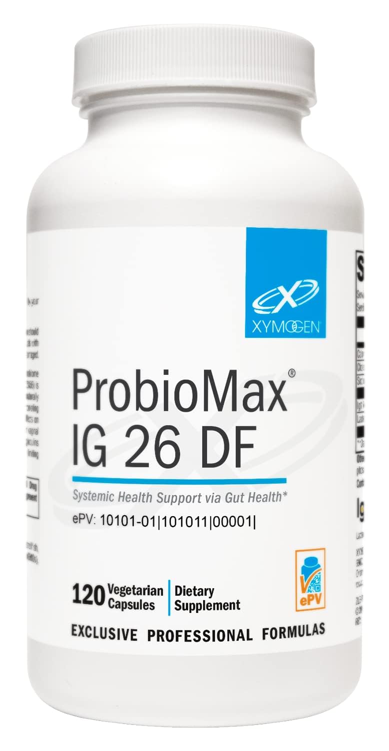 XYMOGEN ProbioMax IG 26 bottle front showing label and shelf-stable probiotic