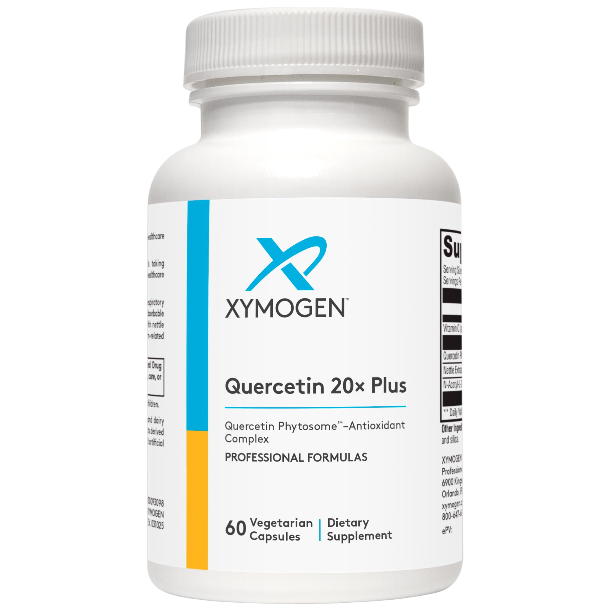 XYMOGEN Quercetin 20× Plus bottle and capsules for daily respiratory support.