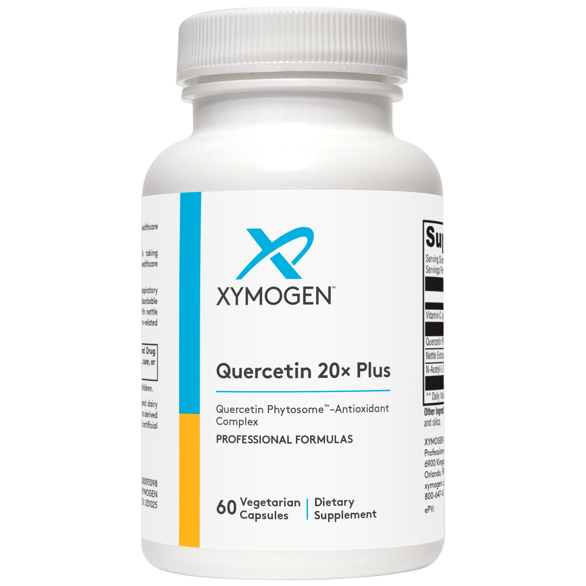 XYMOGEN Quercetin 20× Plus bottle and capsules for daily respiratory support.